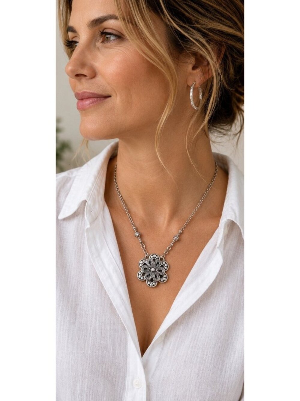 Brighton Rosalie Silver Tone Floral Medallion Necklace Flower Pendant Scrollwork